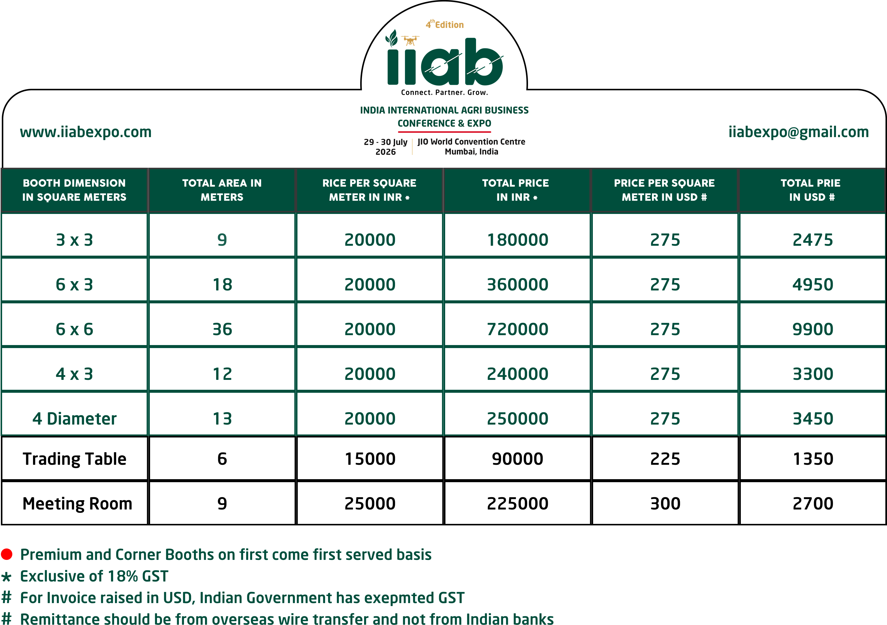 Booth Booking Prices
